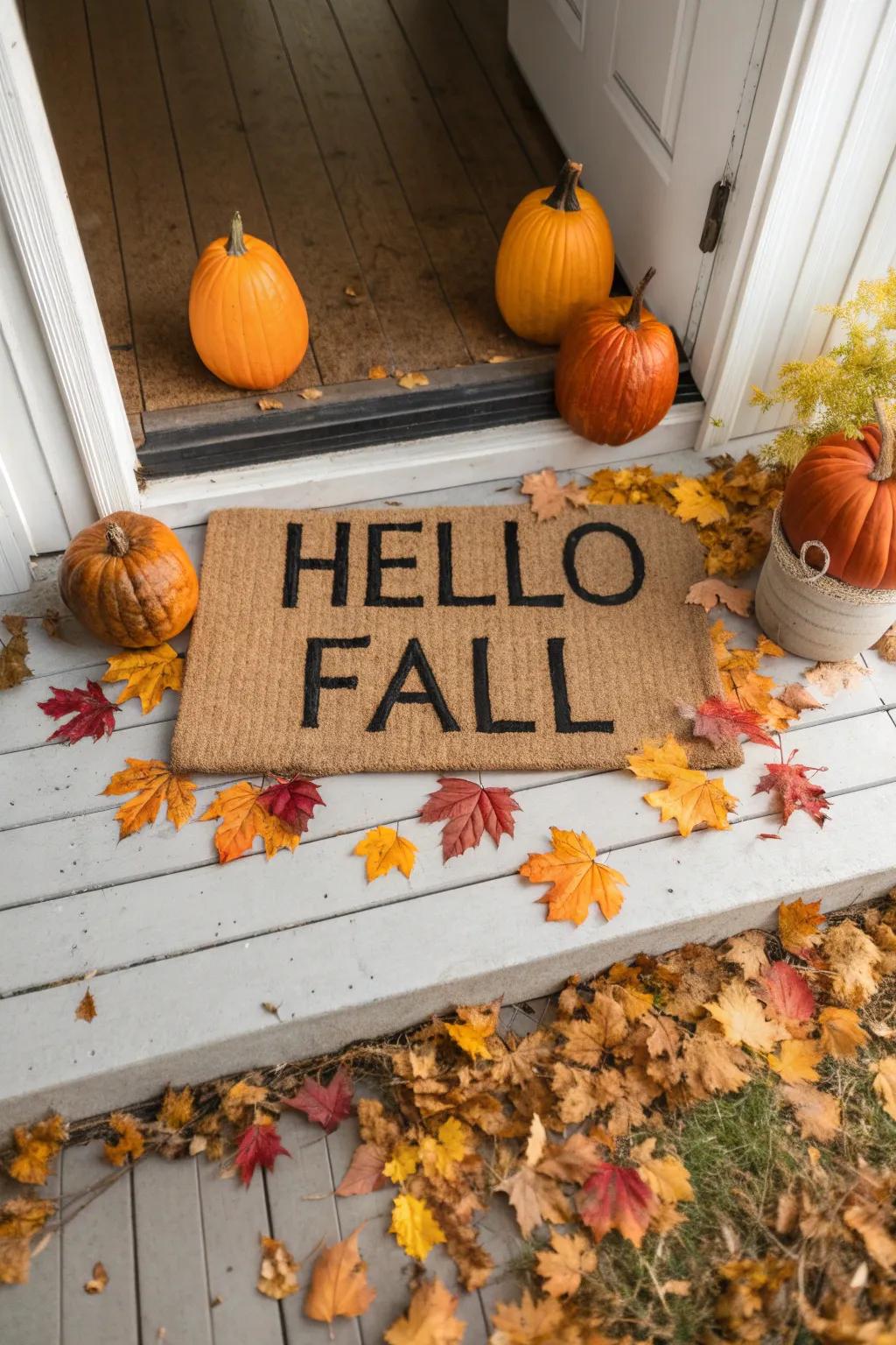 A welcoming doormat with a cheerful fall greeting.