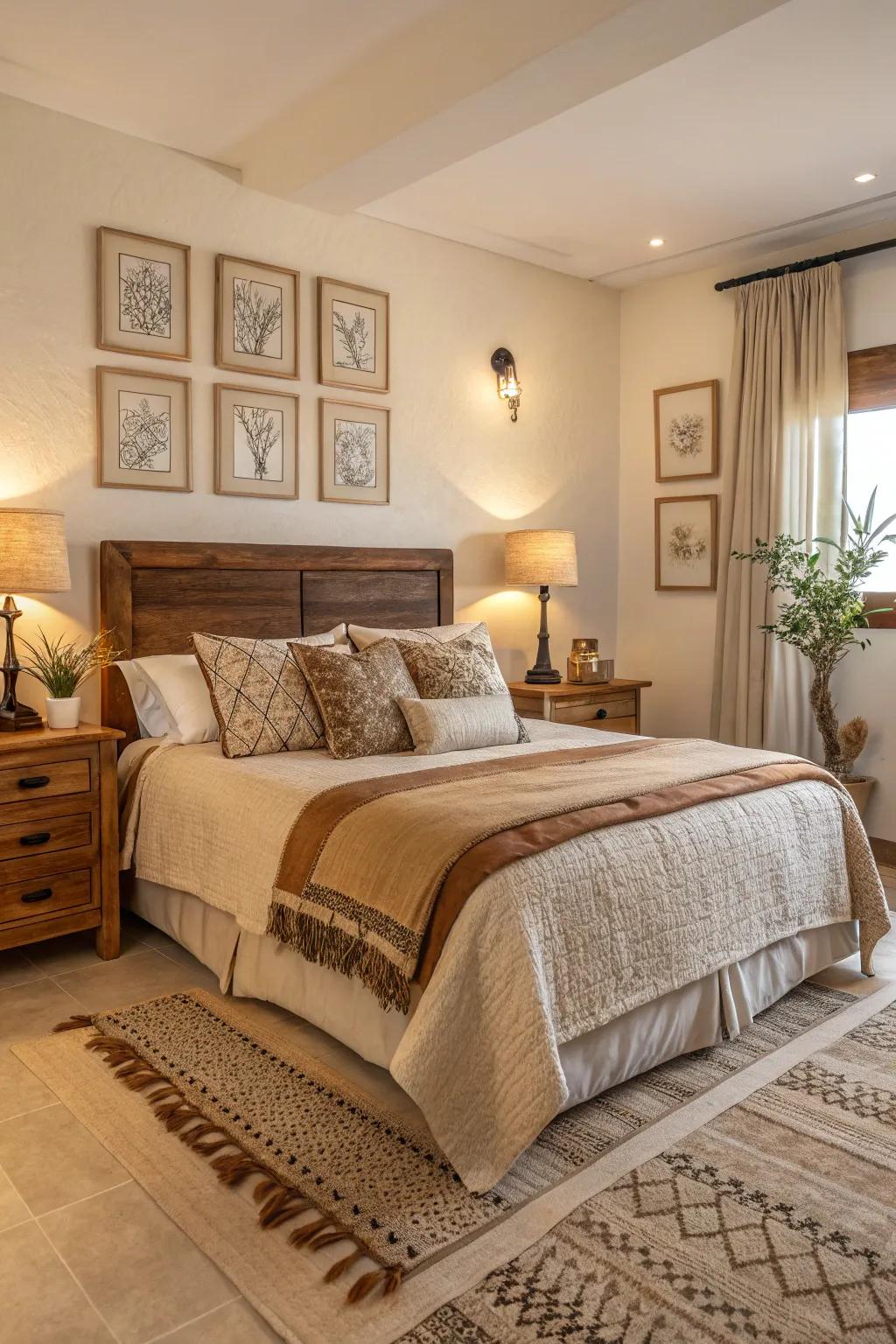 Calming earthy tones create a peaceful bedroom atmosphere.