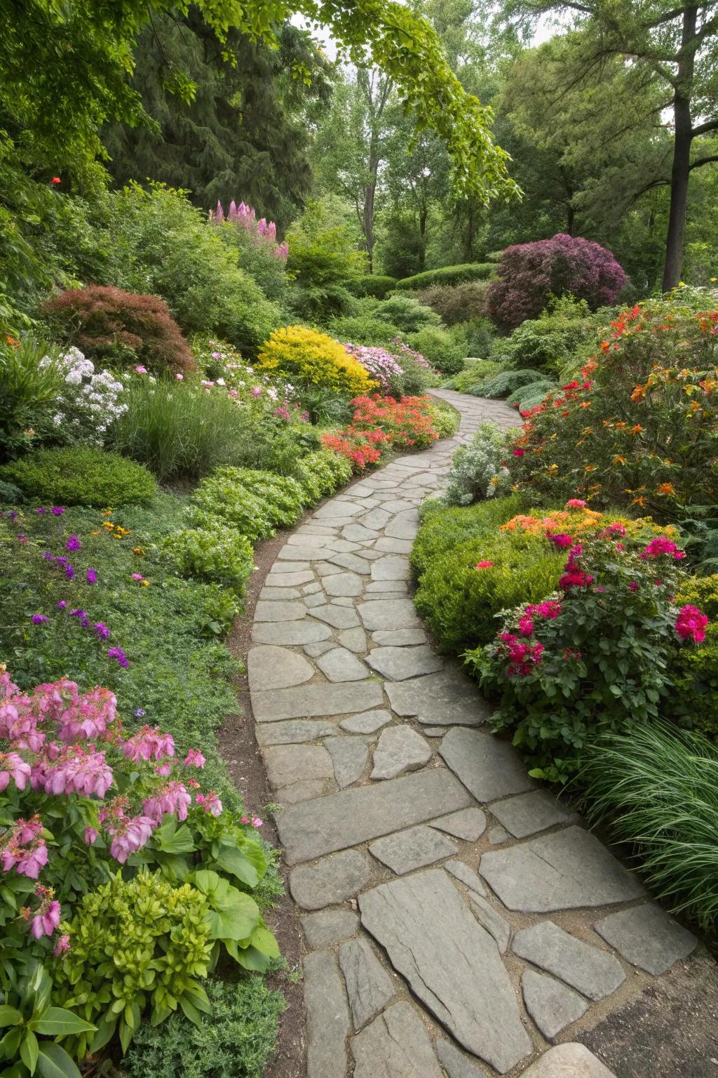 A flagstone path seamlessly integrated into a vibrant garden landscape.