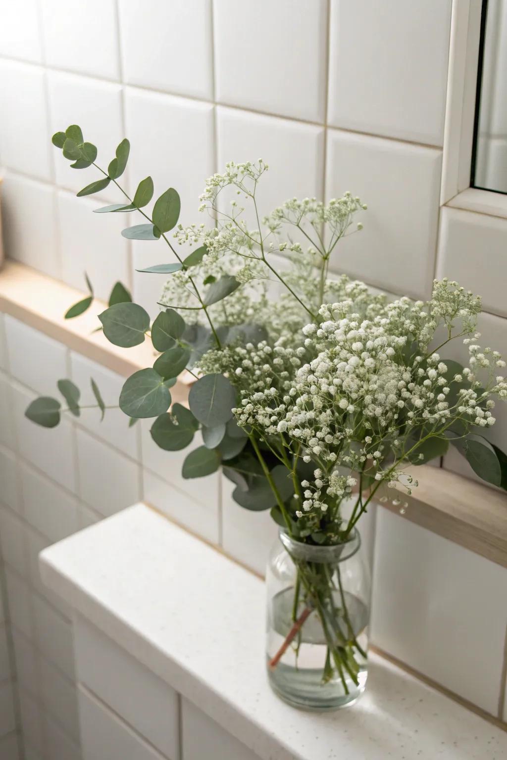 Delicate baby’s breath and eucalyptus displayed on a bathroom shelf.