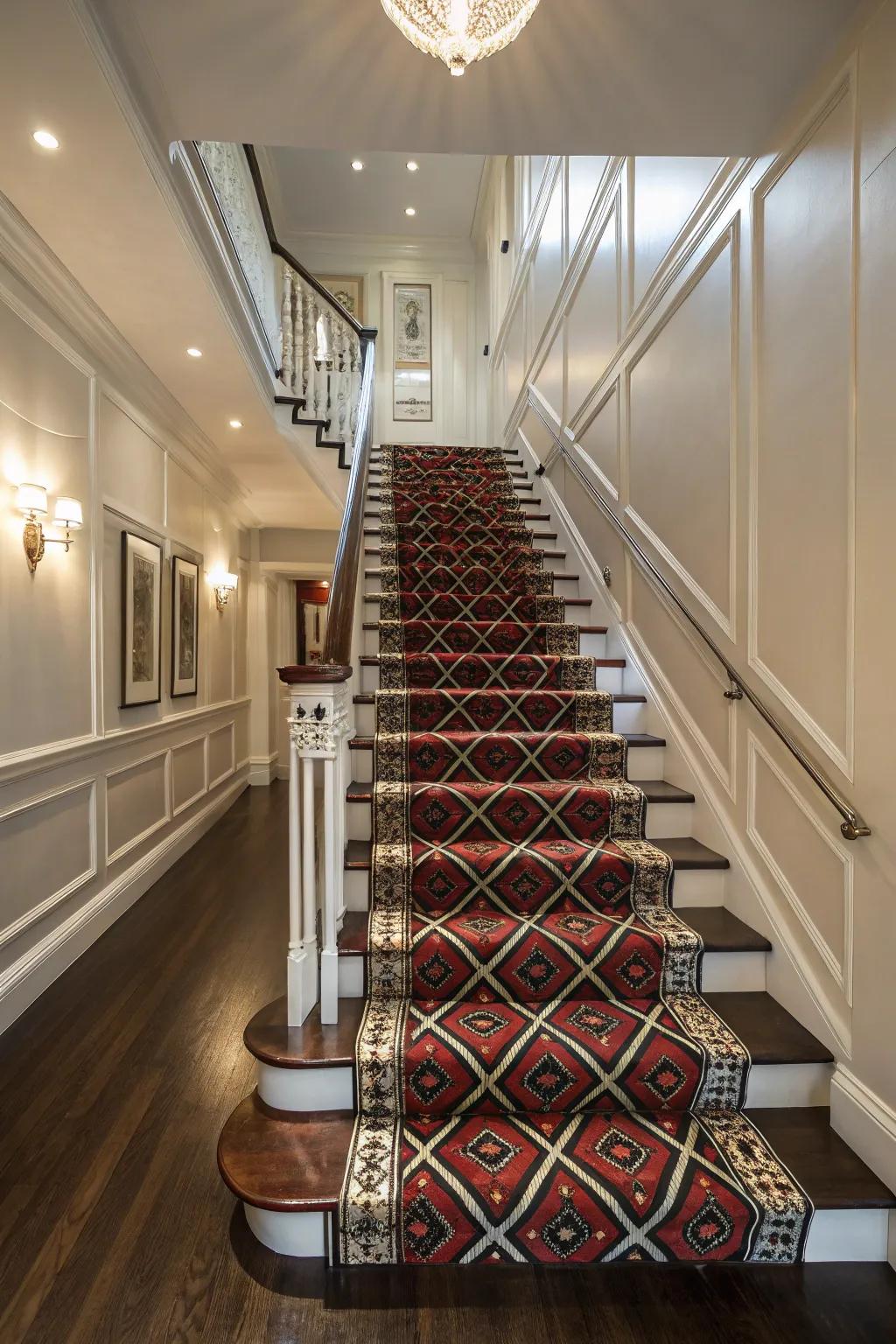 A striking stair runner infuses color and texture into the entryway.