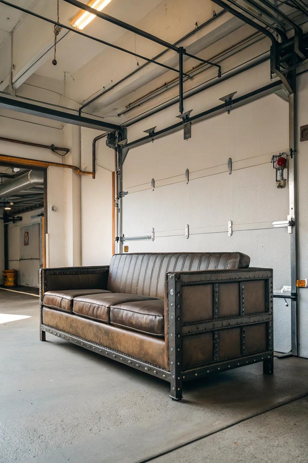 Industrial chic brings a modern edge to your garage with metal and leather elements.