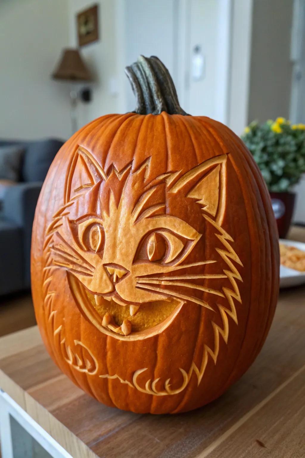 A whimsical cat carved into a pumpkin, adding a playful touch to Halloween decor.