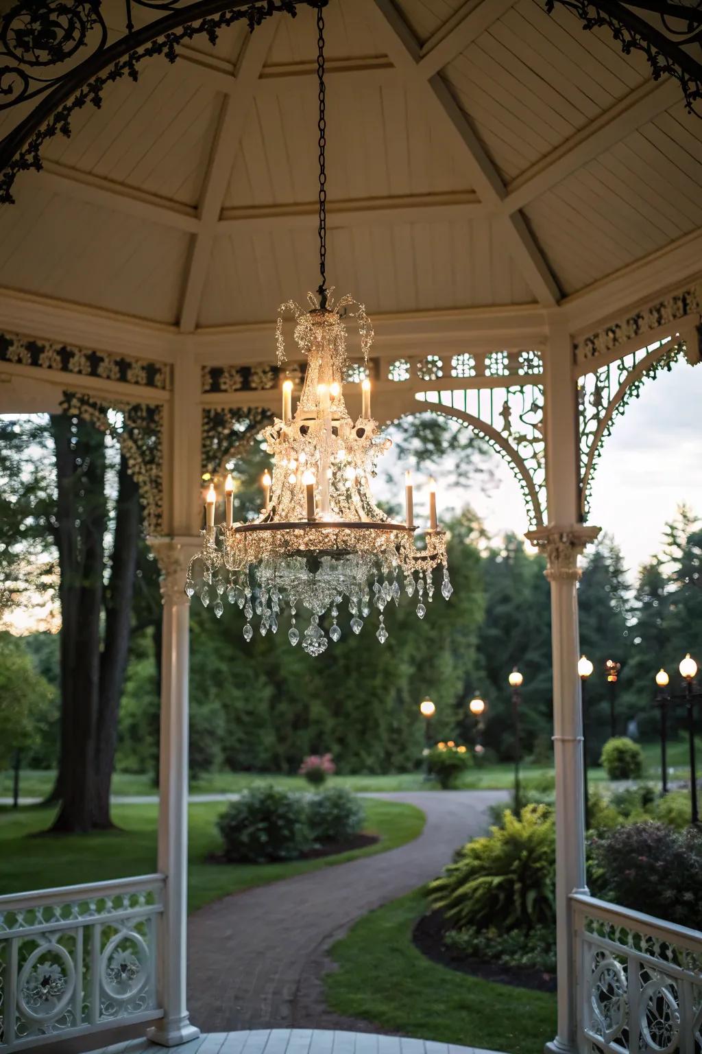A sparkle sphere serving as the elegant centerpiece in a gazebo.