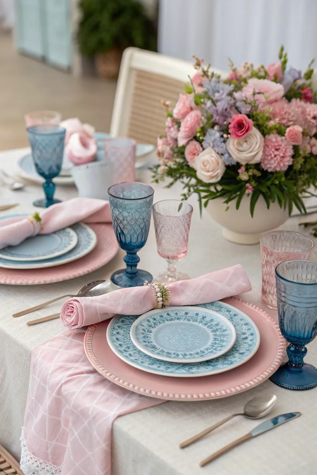 A splendidly arranged tablescape featuring subtle gender announcement hints.