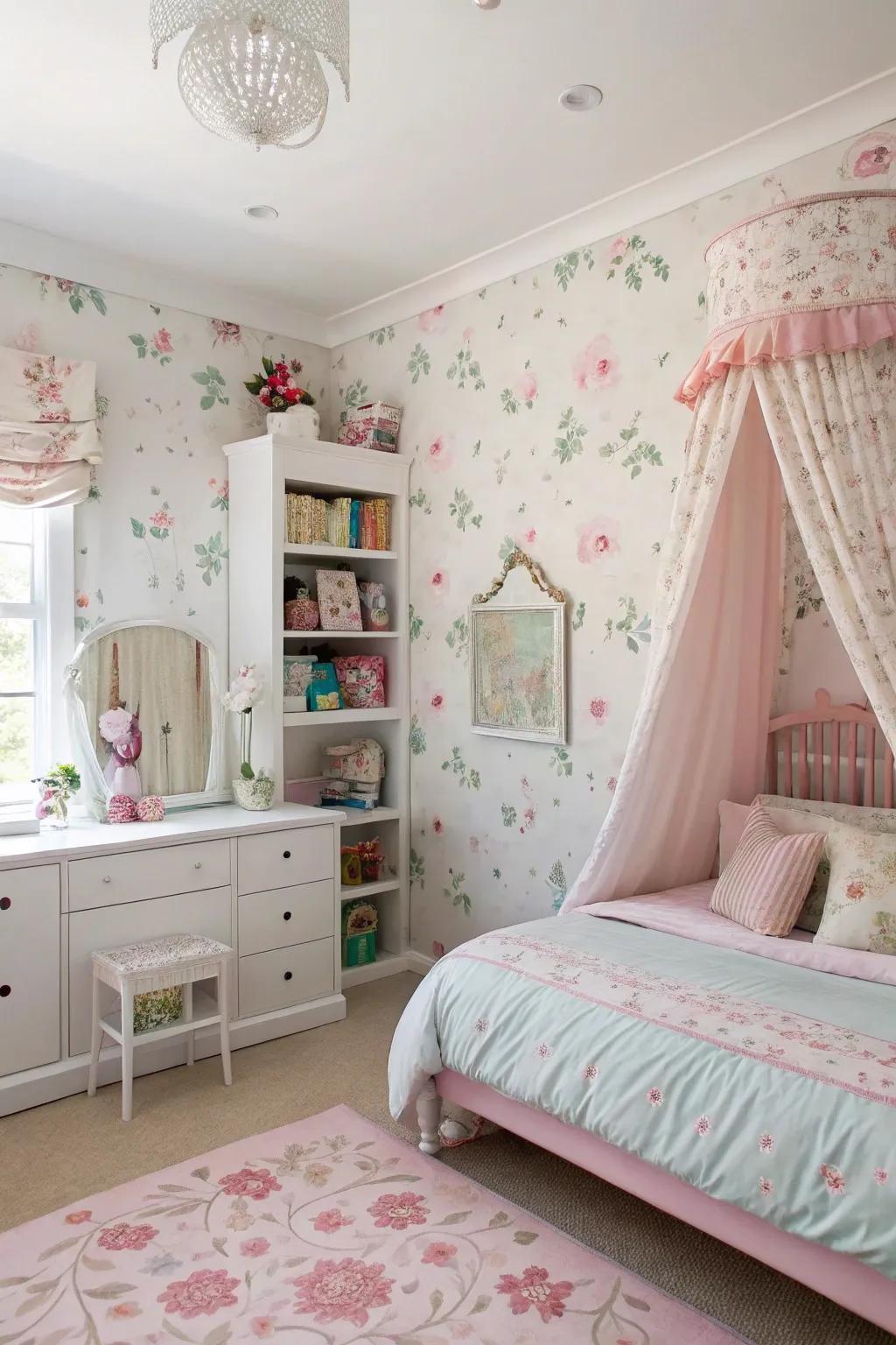 Botanical motifs enrich the room with a natural, whimsical flair.