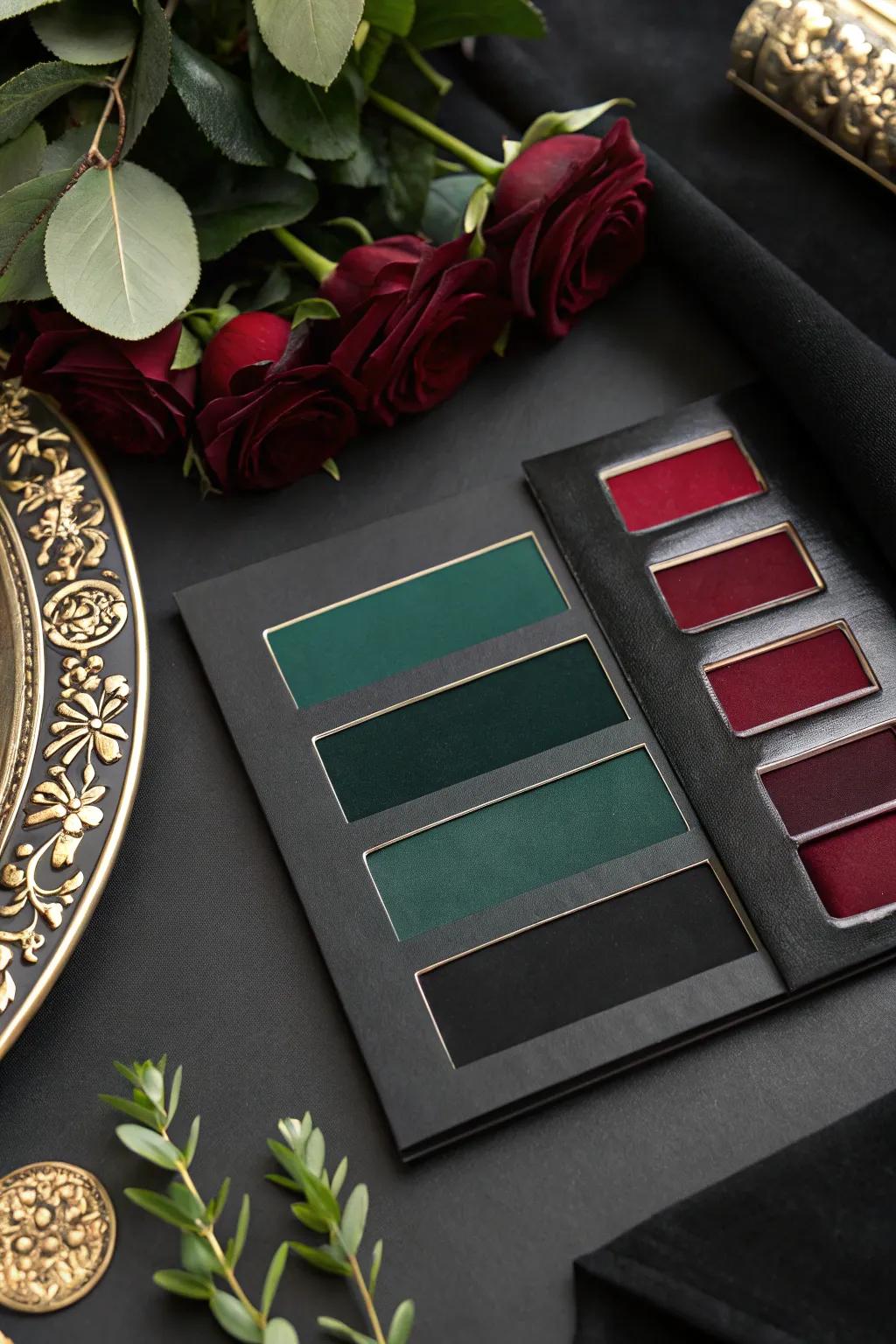 A gothic wedding color palette with black, emerald, and burgundy tones.