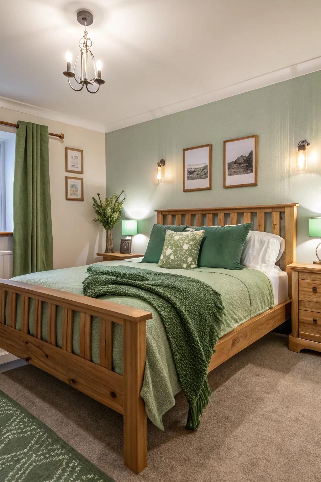 Untreated wood elements and green accents unite to forge an inviting, harmonious atmosphere.