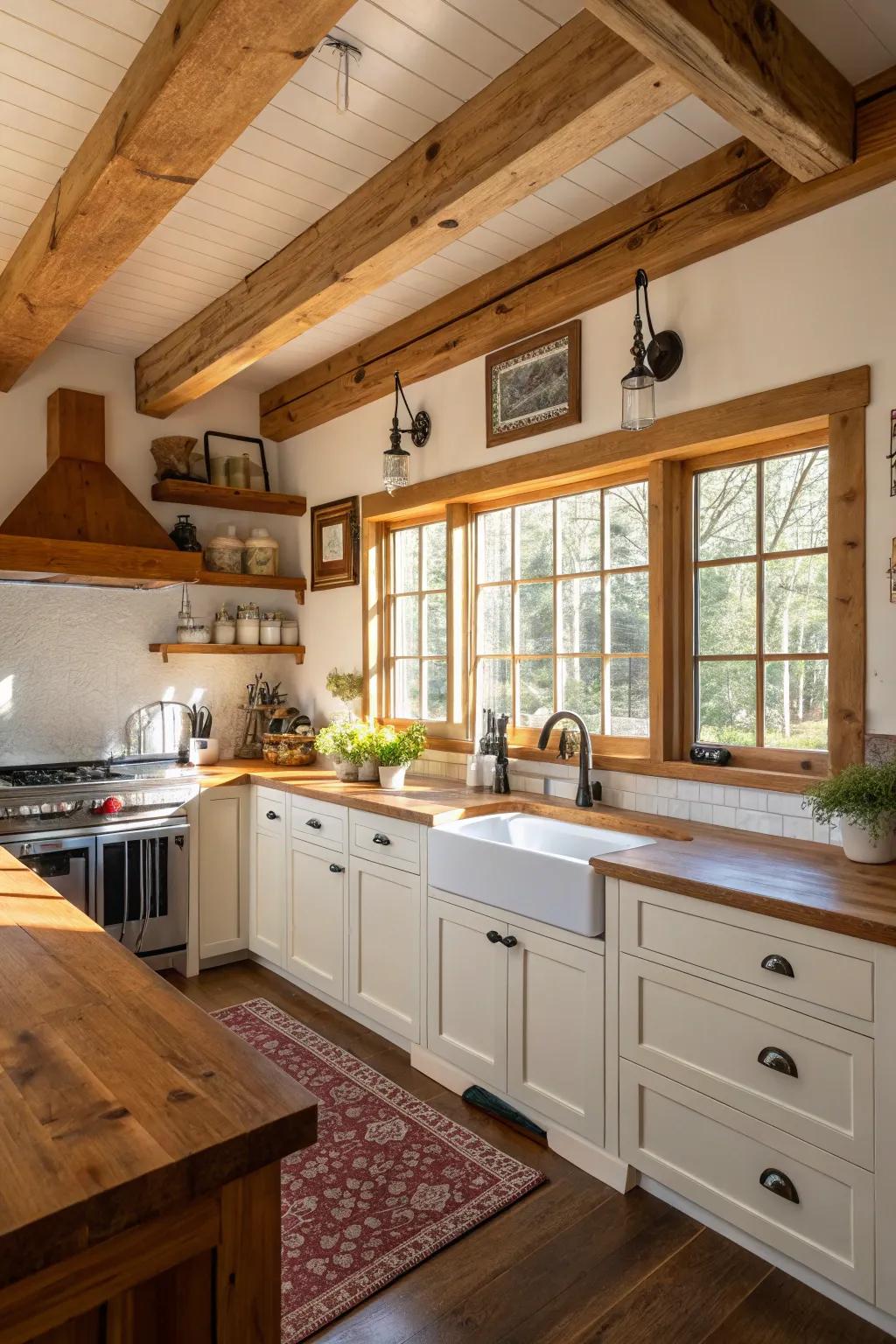 Natural wood elements adding warmth to a green-themed kitchen.