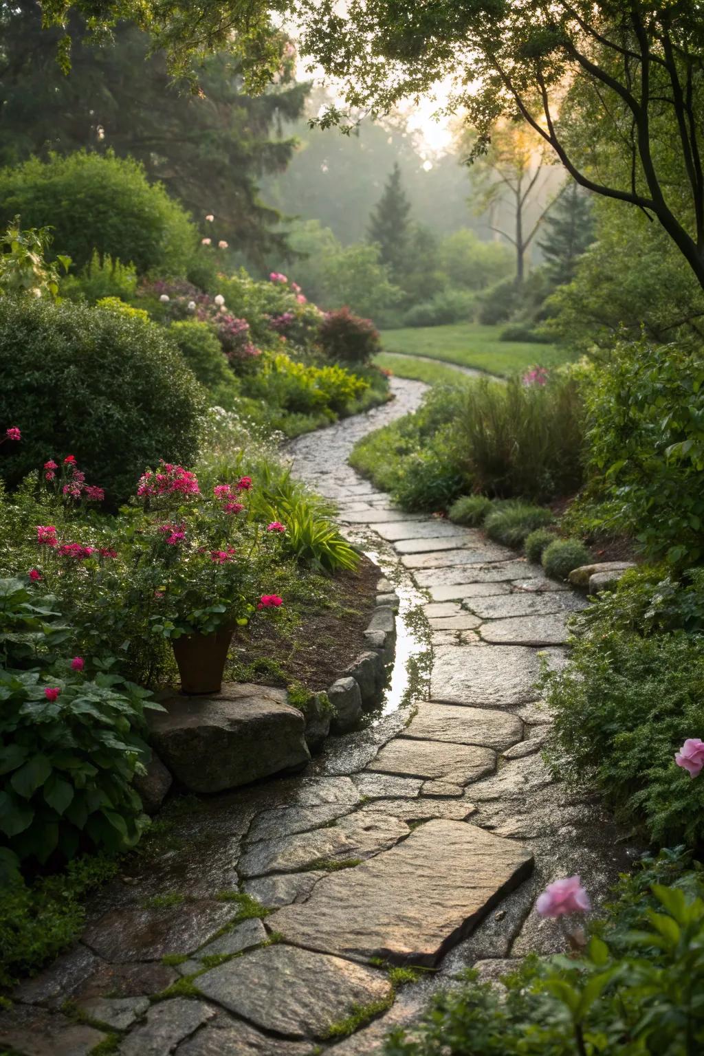 An attractive porous stone walkway, boosting the garden's charm and practicality.
