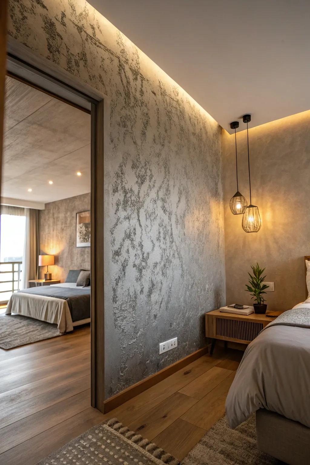 A textured grey accent wall adds richness to this simple bedroom.