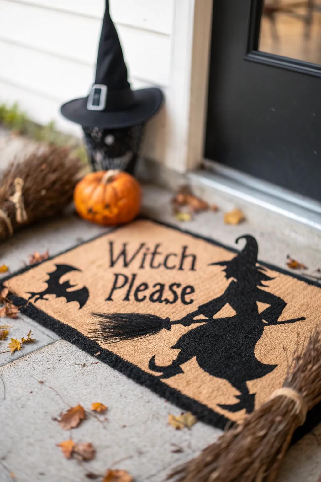 A witch-themed welcome mat adds a touch of humor and enchantment to your entryway.