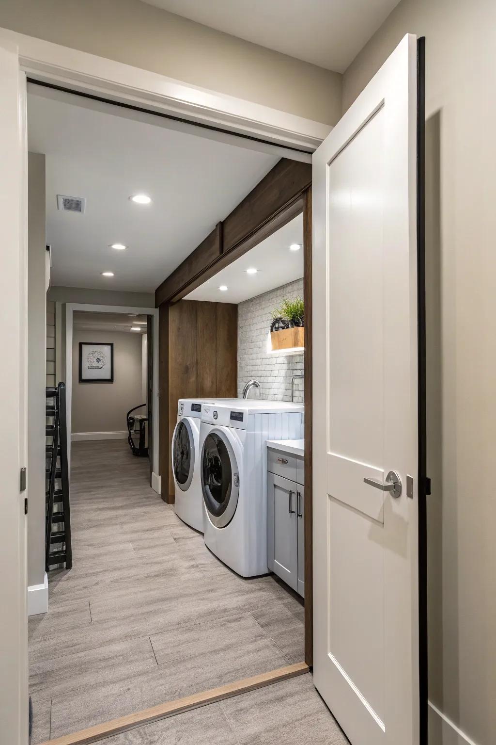 Pocket doors offer a clean and space-efficient entrance to a laundry room.