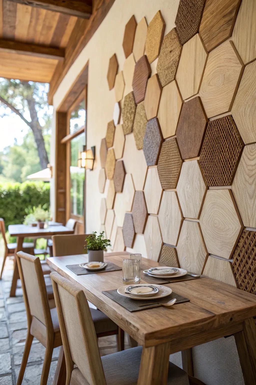 Wooden hexagons create an inviting and cozy ambiance.