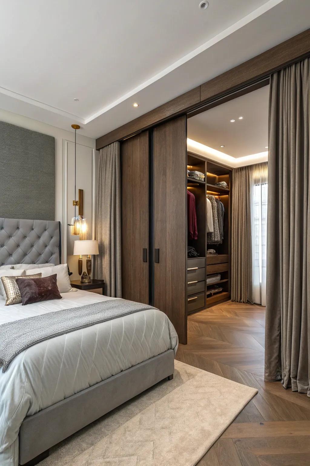 A chic bedroom with a hidden door leading to a closet.