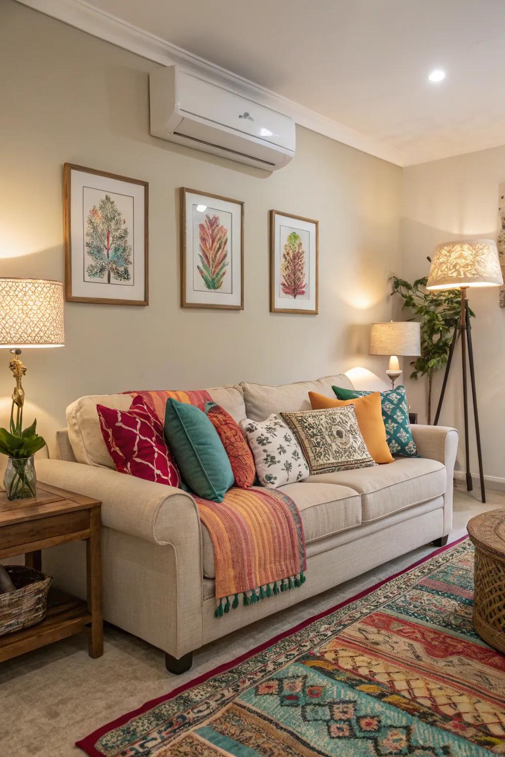 Colorful cushions liven up a neutral living room.