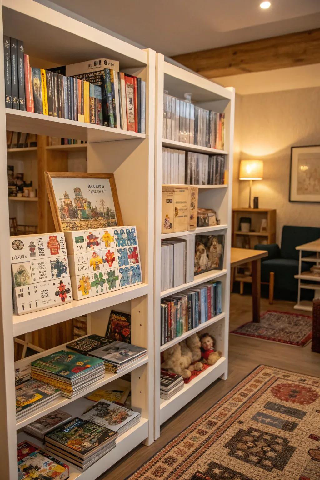 Puzzles arranged beautifully on a shelving unit.