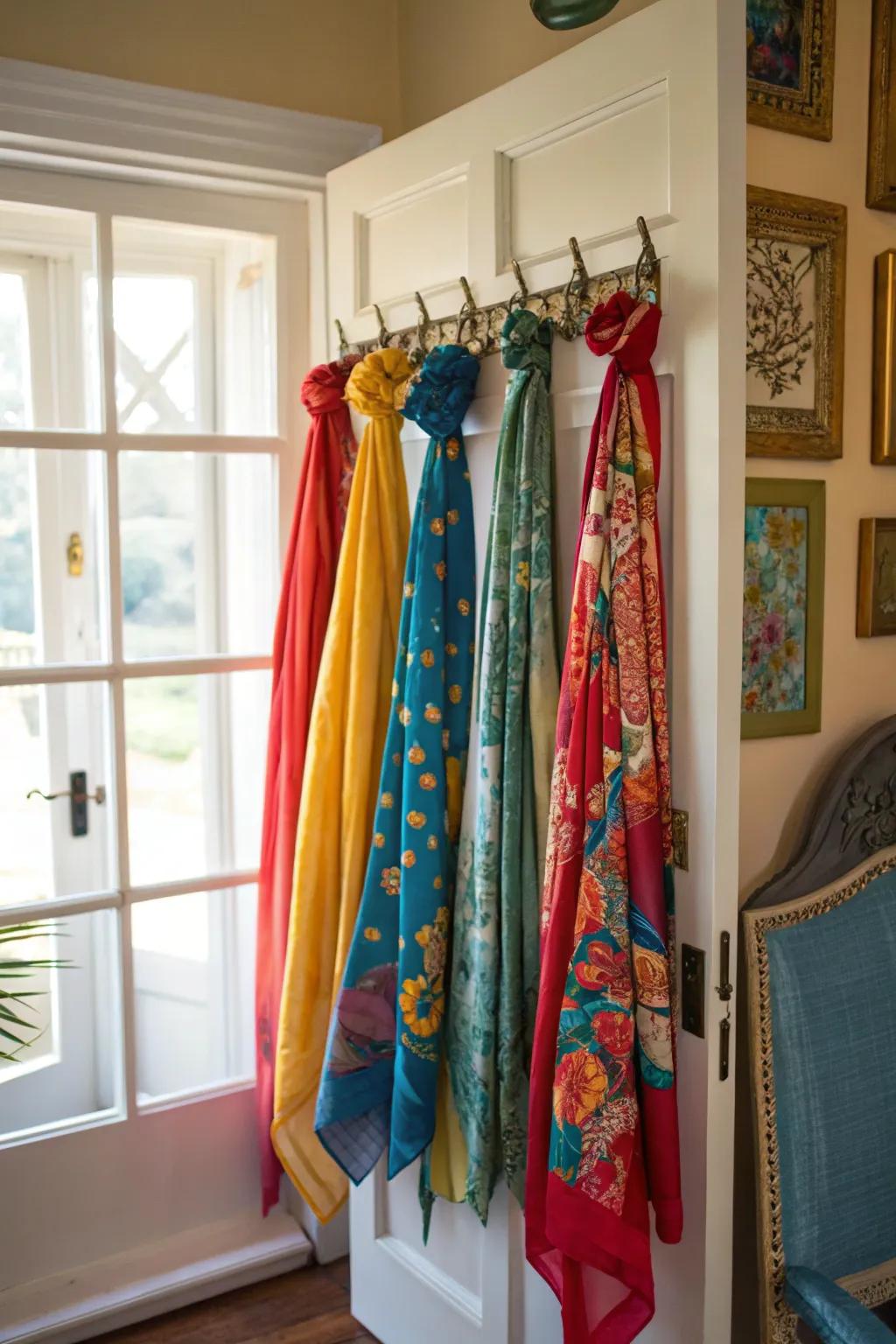 Over-the-door hangers offer a clever scarf storage solution.