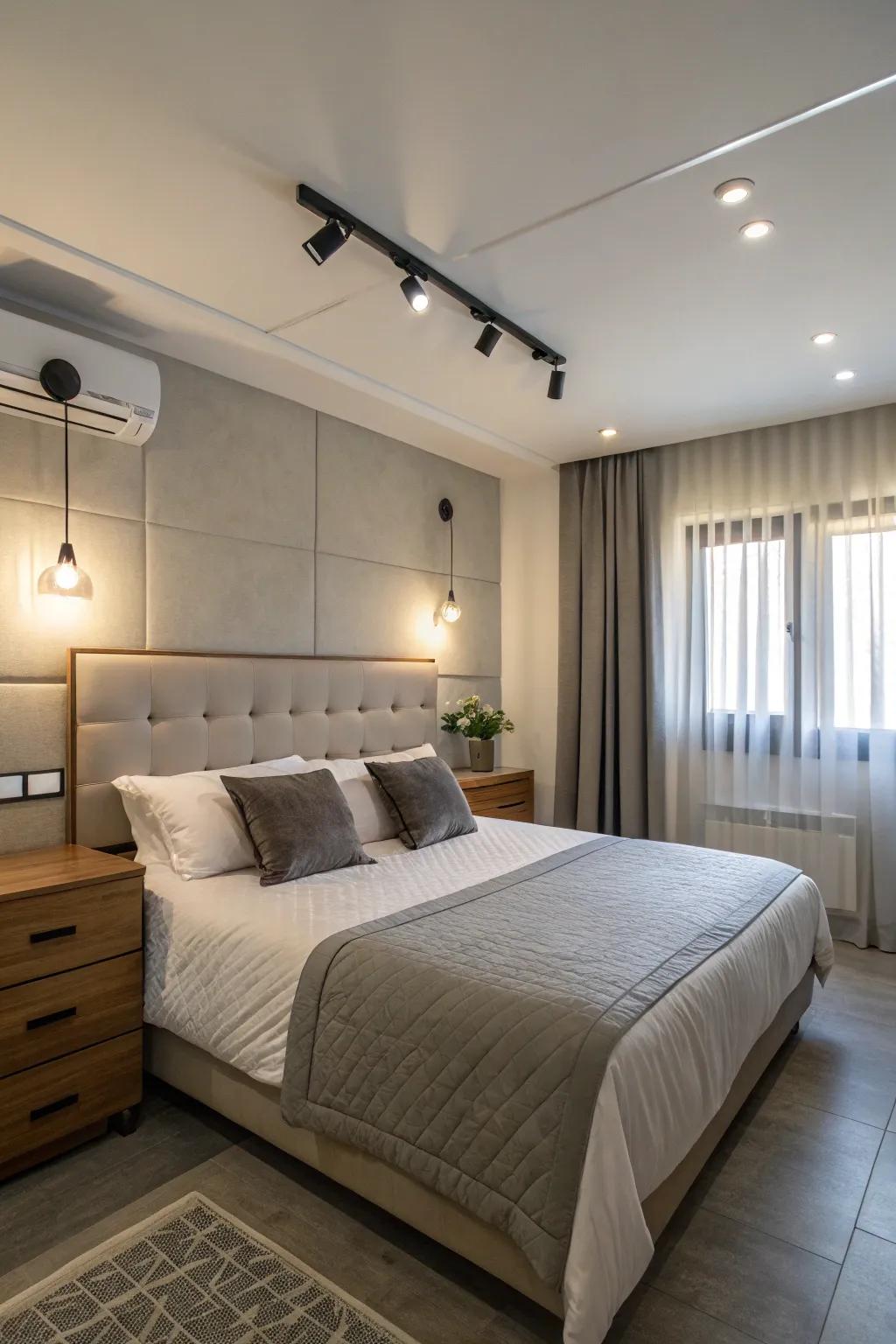 Cozy bedroom with industrial LED wall pack lighting