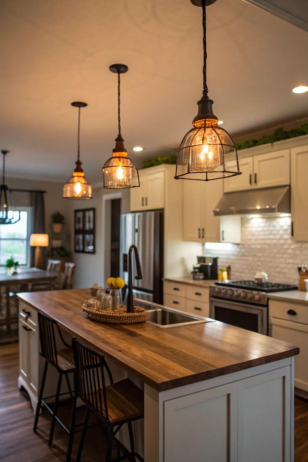 Pendant lights enhance the ambiance around the kitchen island.