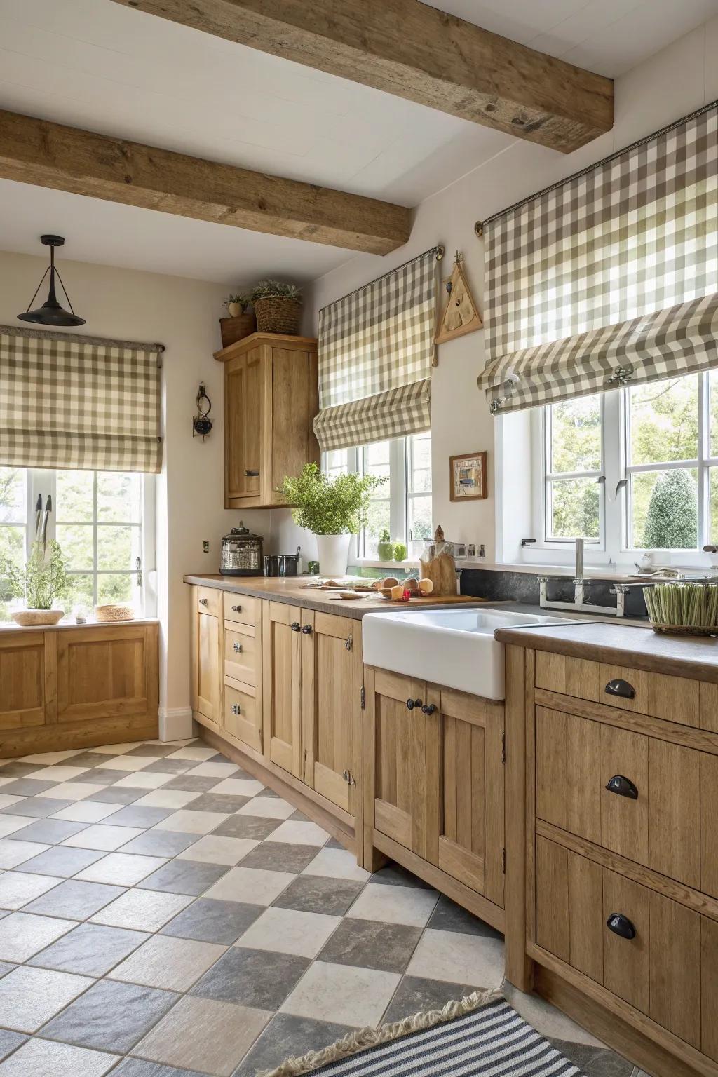 Gingham patterns introduce a vintage feel to the kitchen.