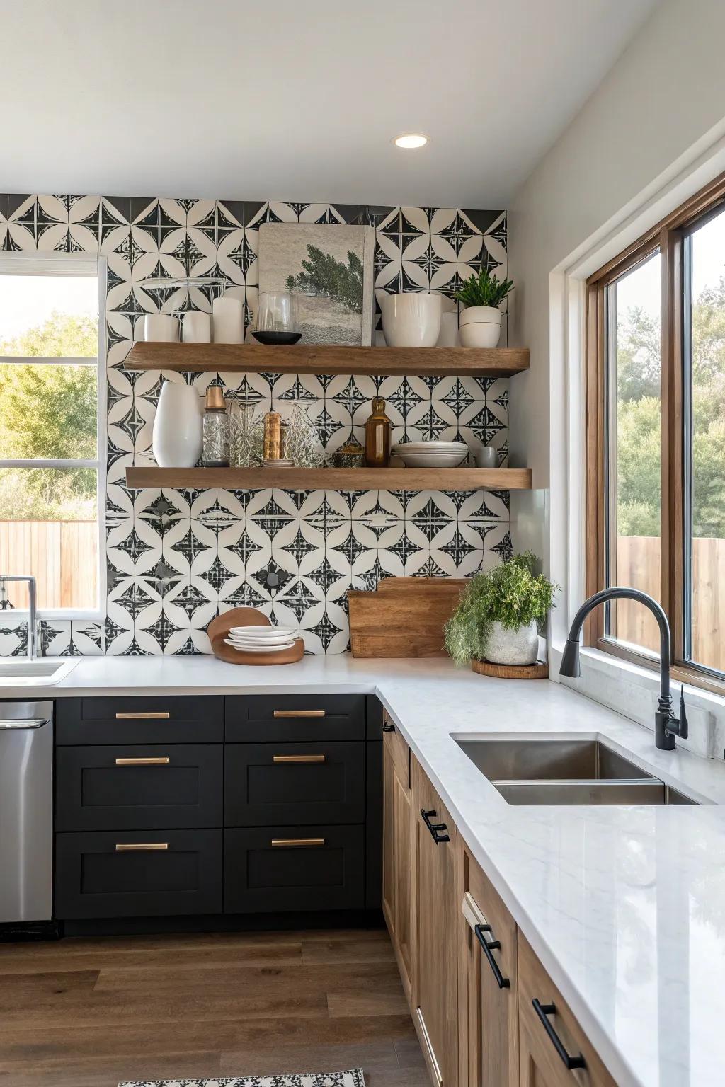 A patterned splashback introduces a splash of drama to the setup of floating shelves.