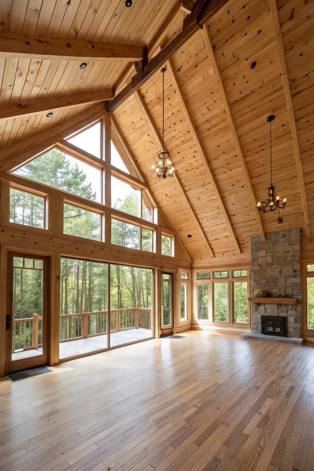 A spacious room with a grand vaulted ceiling made of knotty pine.