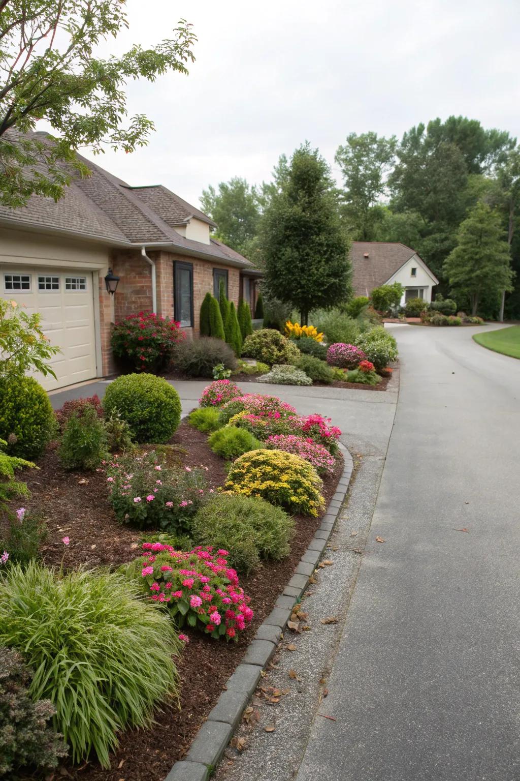 Mulched plant beds give a clean, finished look to any driveway.