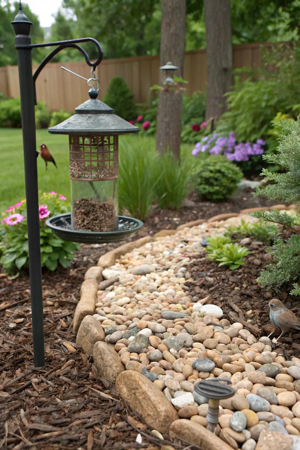 Mulch and pebbles cultivate a pristine and structured aesthetic surrounding your feeder.