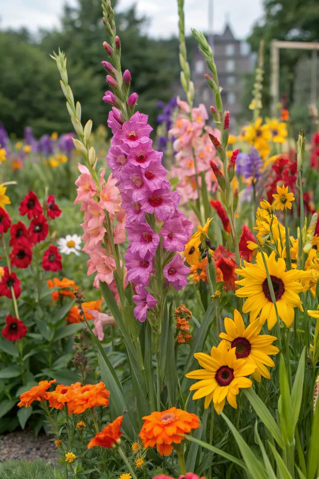 A cheerful mix of gladioli and sunflowers adds depth and vibrancy to the garden.