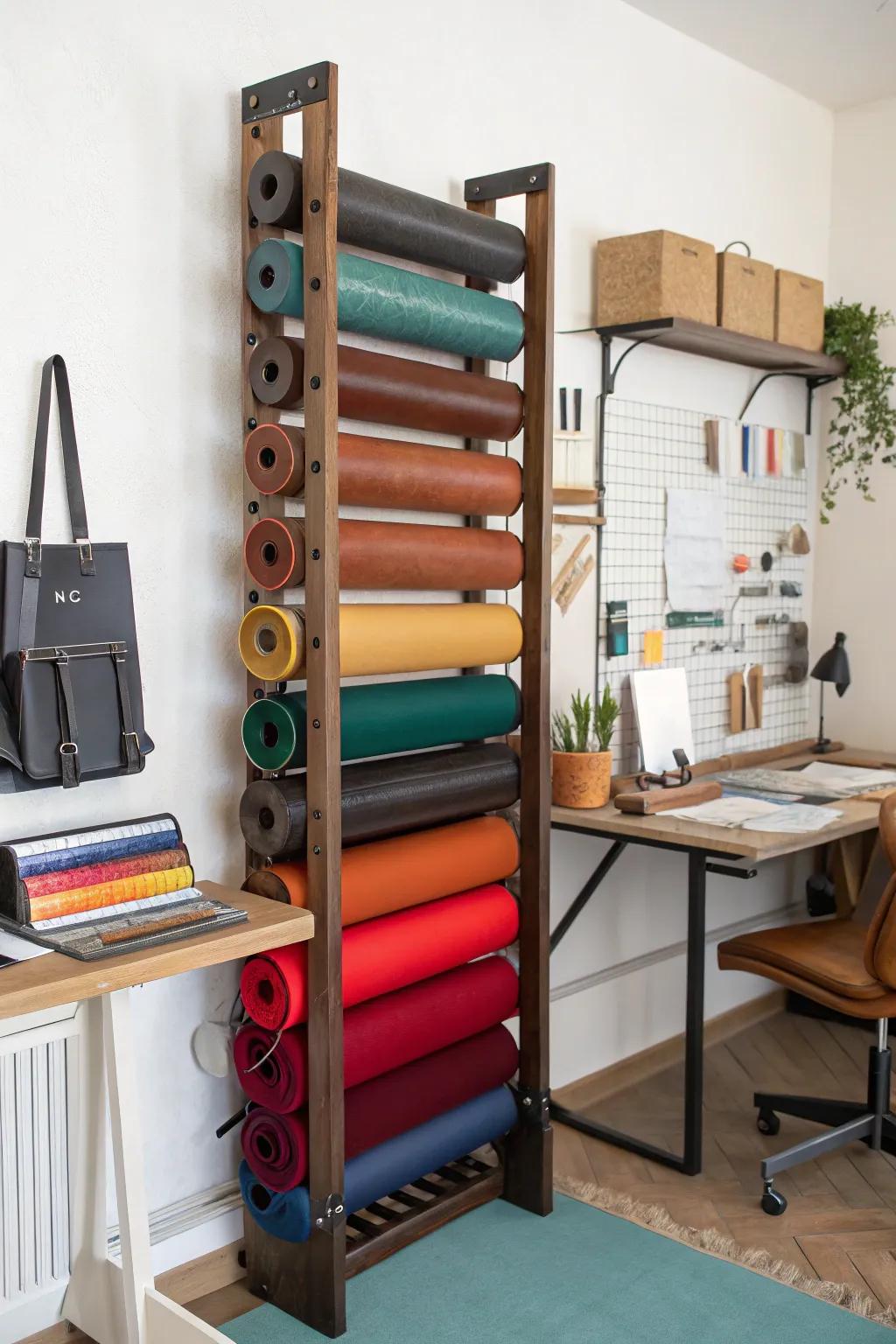 Keep your leather rolls neat and accessible with vertical storage racks.