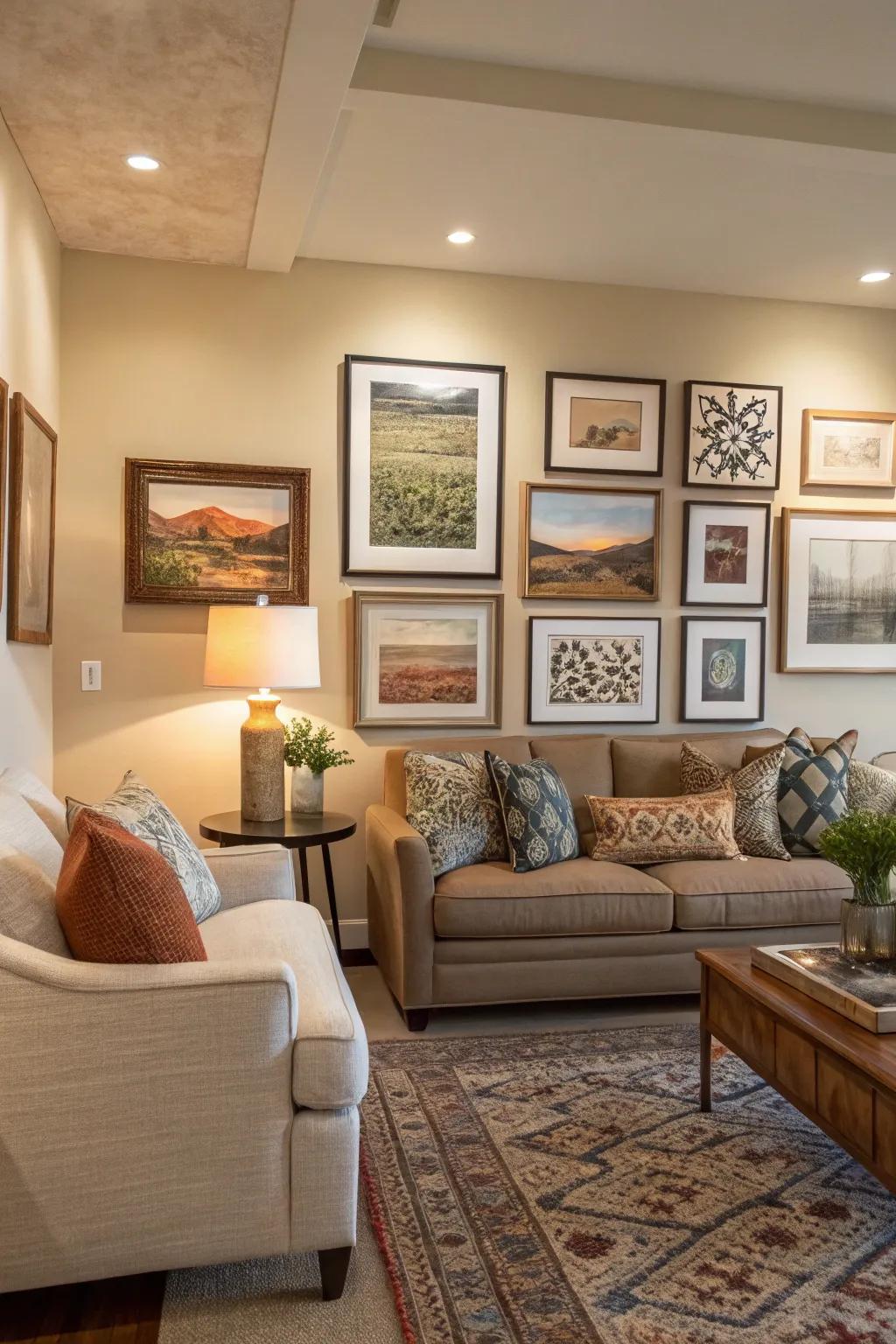 In this living area, a gallery wall serves as an expressive and vibrant centerpiece.