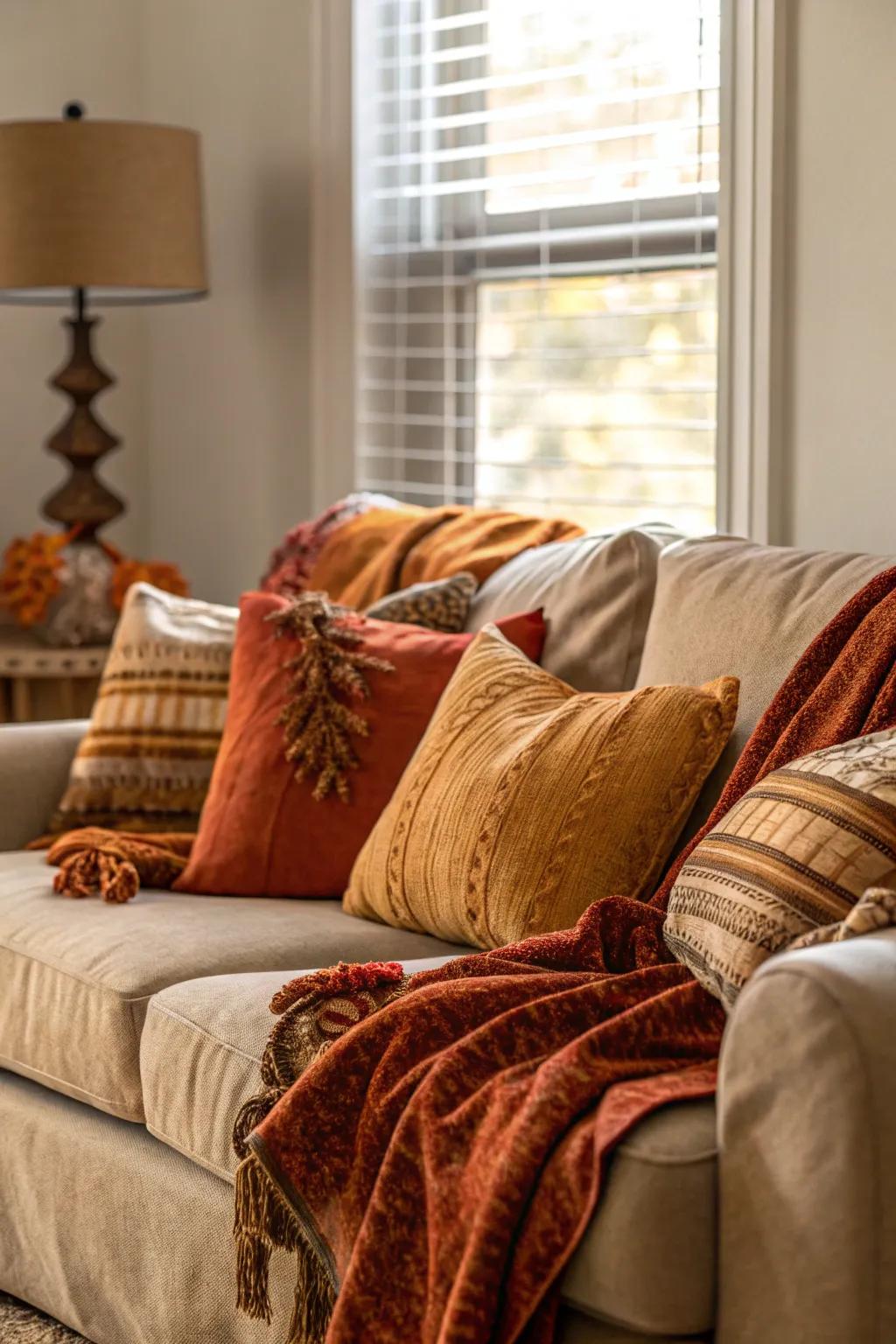 The cozy ambiance of this autumn living room is enhanced with plush throws and cushions, offering warmth and comfort.