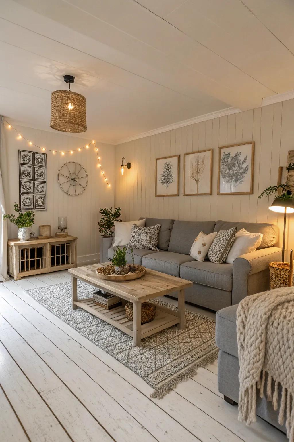 Muted tones blend perfectly with the elegance of white wood floors.