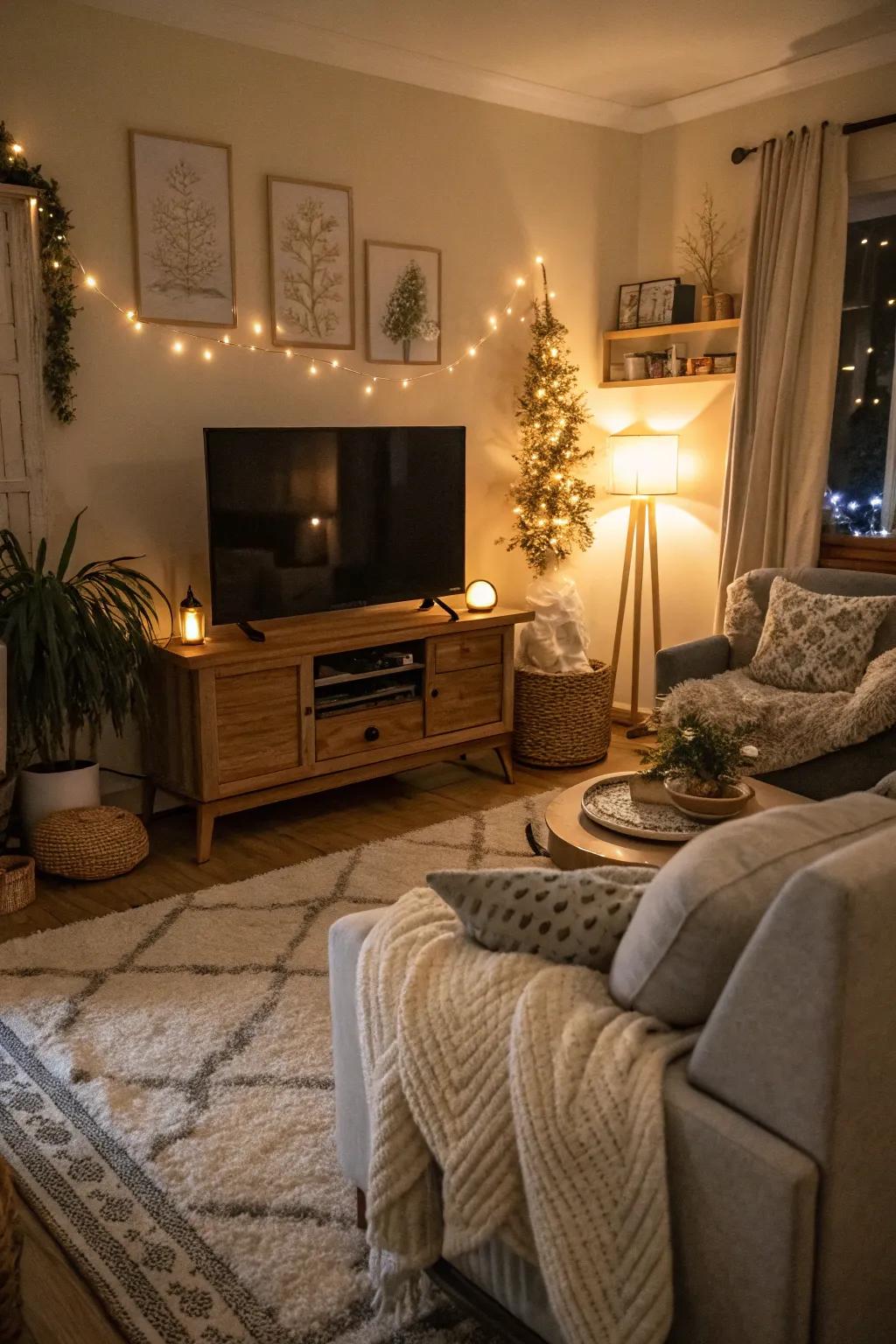 The soft lighting makes this living room feel extra cozy.