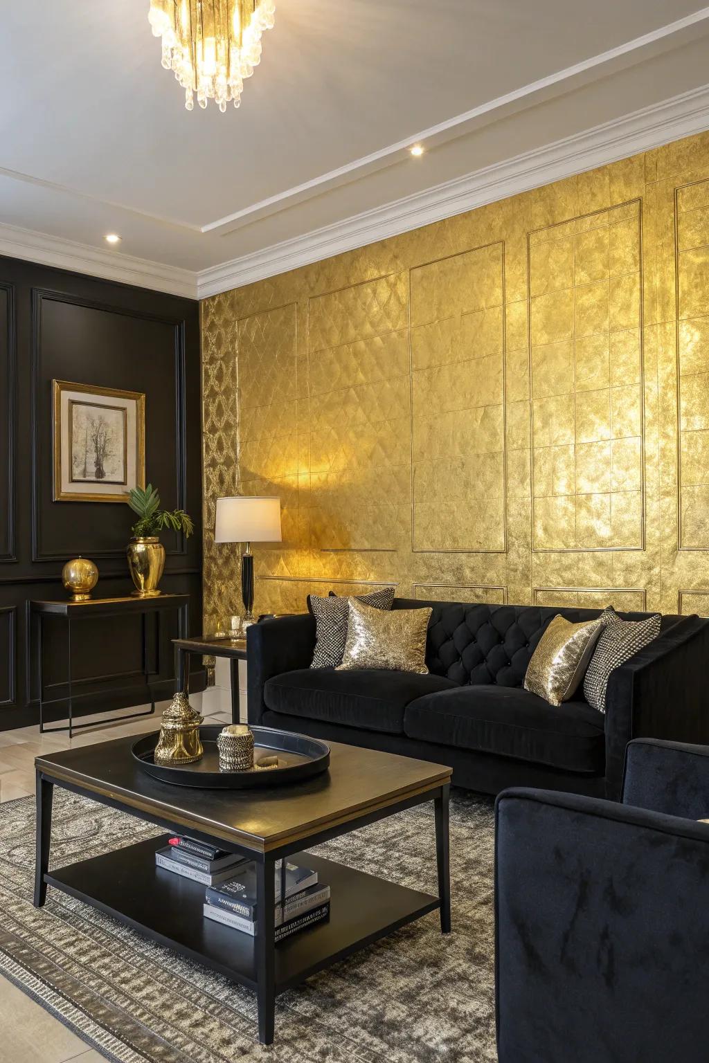 A breathtaking gold accent wall adds depth and richness.