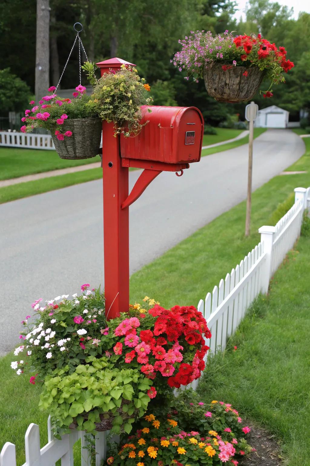 Hanging baskets bring vertical interest and charm to your mailbox.