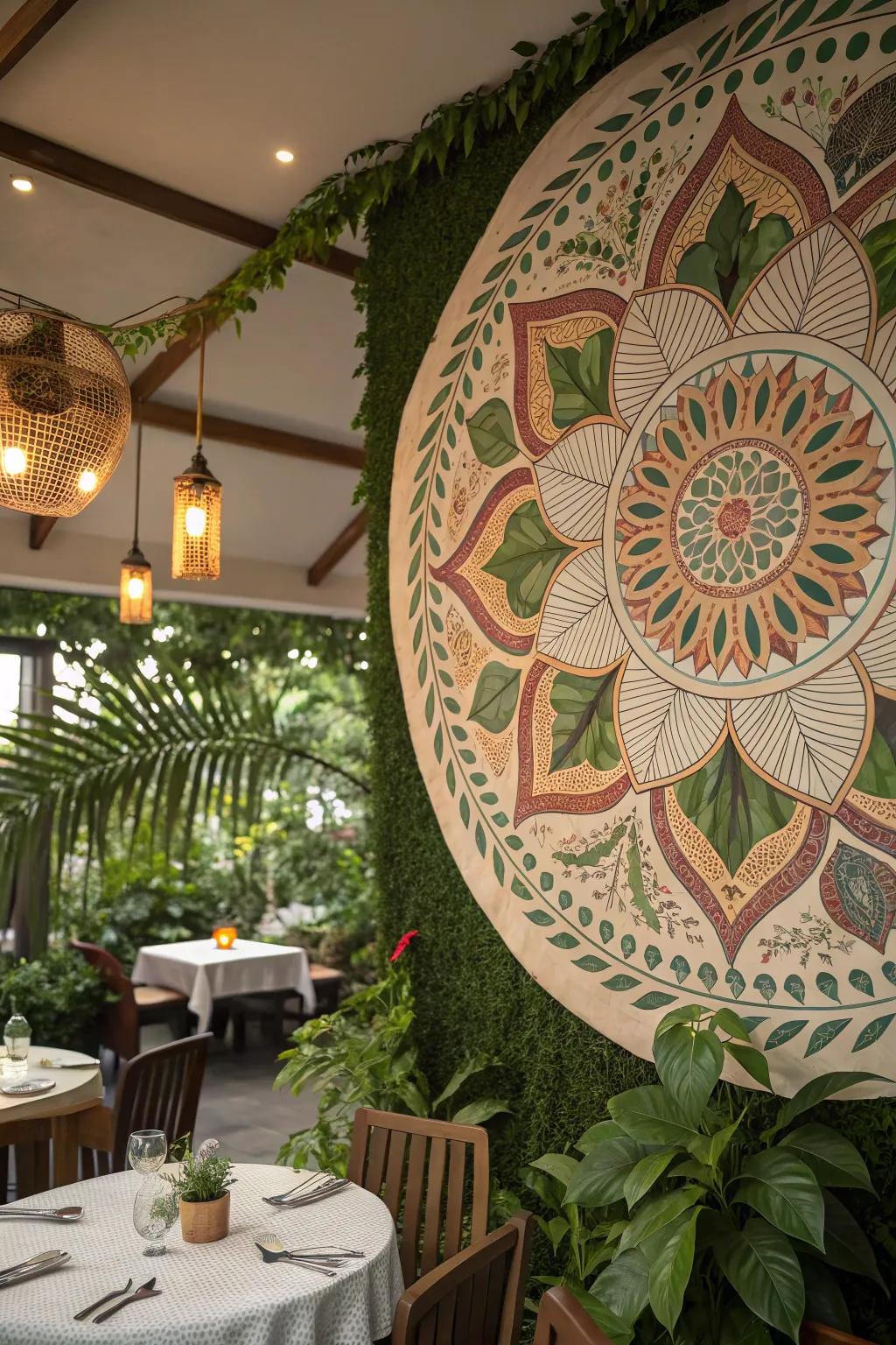 A mandala design with floral and leaf patterns enhancing a dining area.