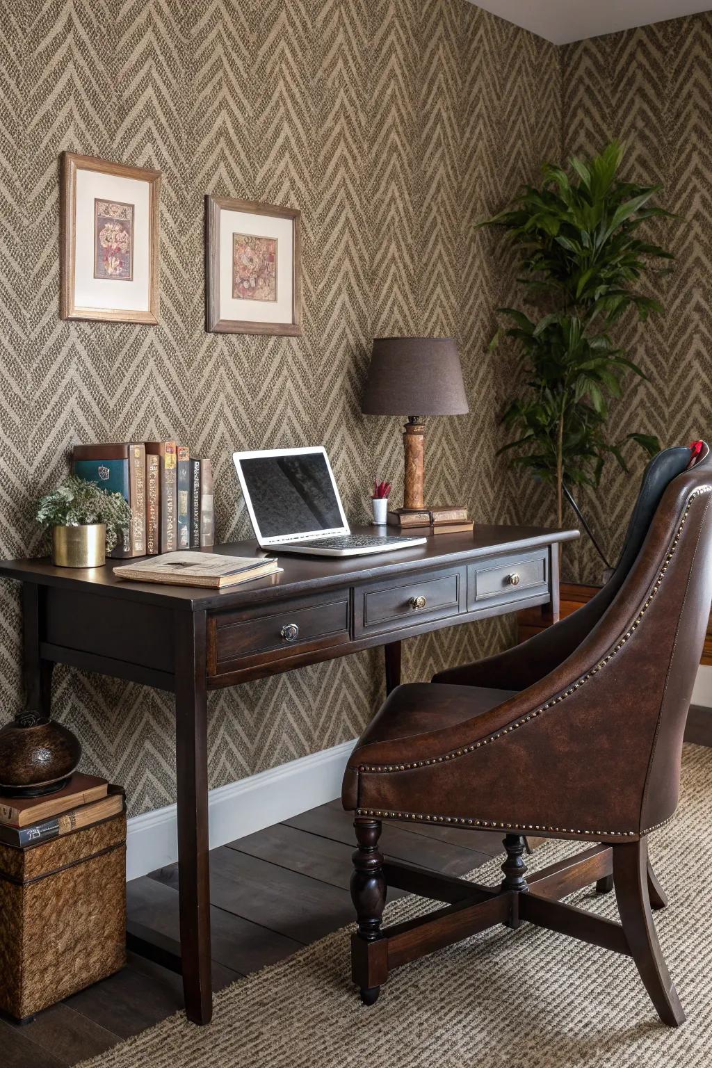 Tweed wallpaper gives a sophisticated texture.