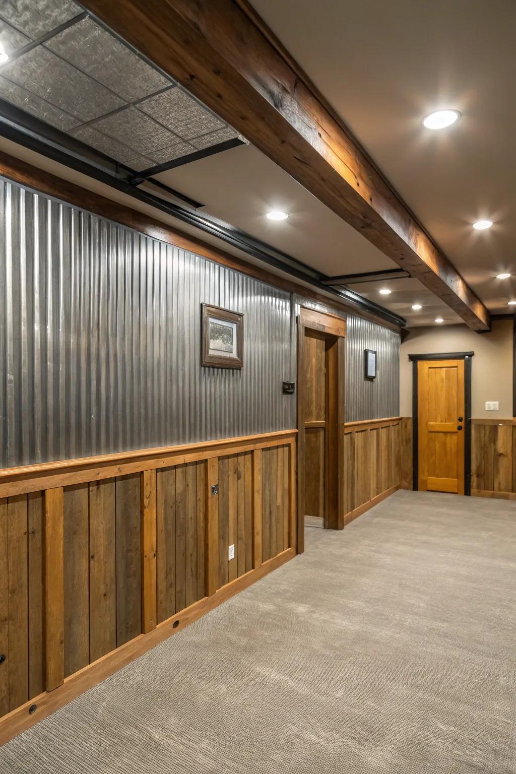 Create a modern and cozy basement with metal wainscoting.