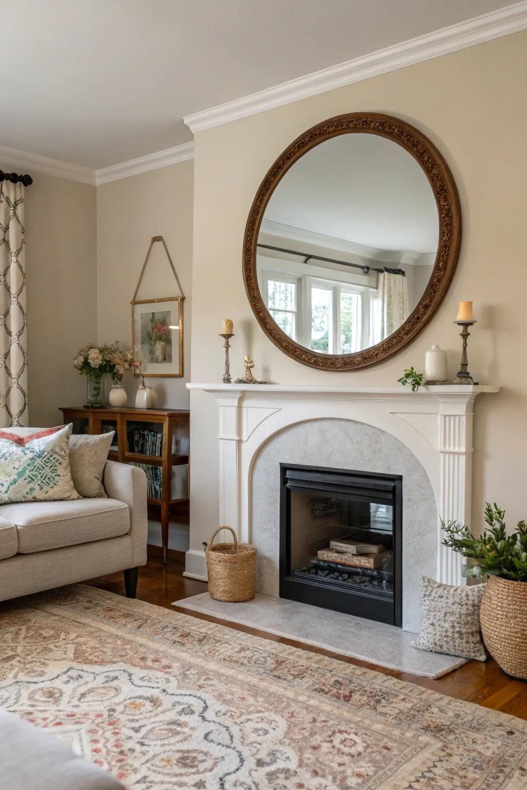 Circular reflections present softness and grace above the fireplace.