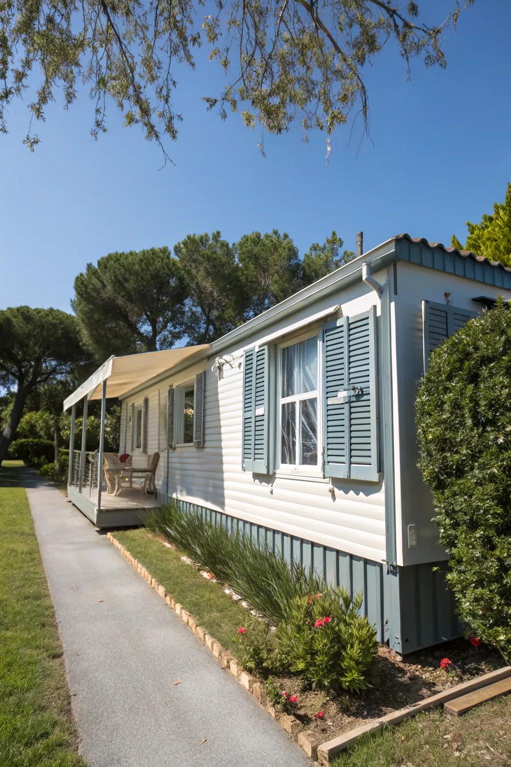 Elegant louvered shutters giving a mobile home a touch of class.