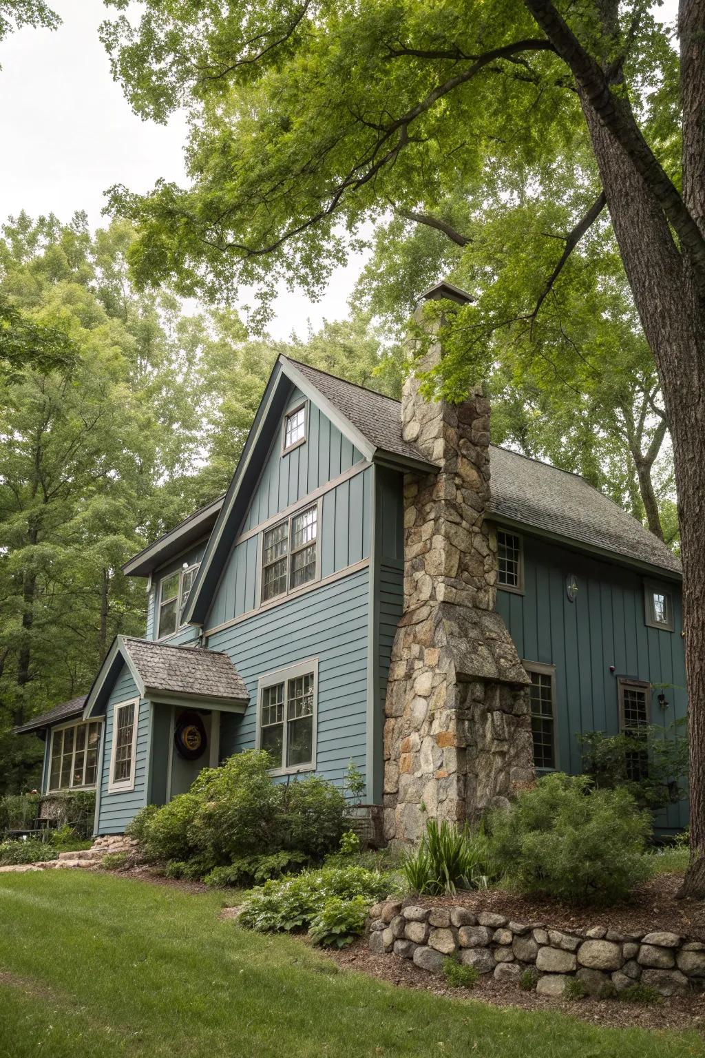 Azure-grey and rock details create a calm, earthy vibe.