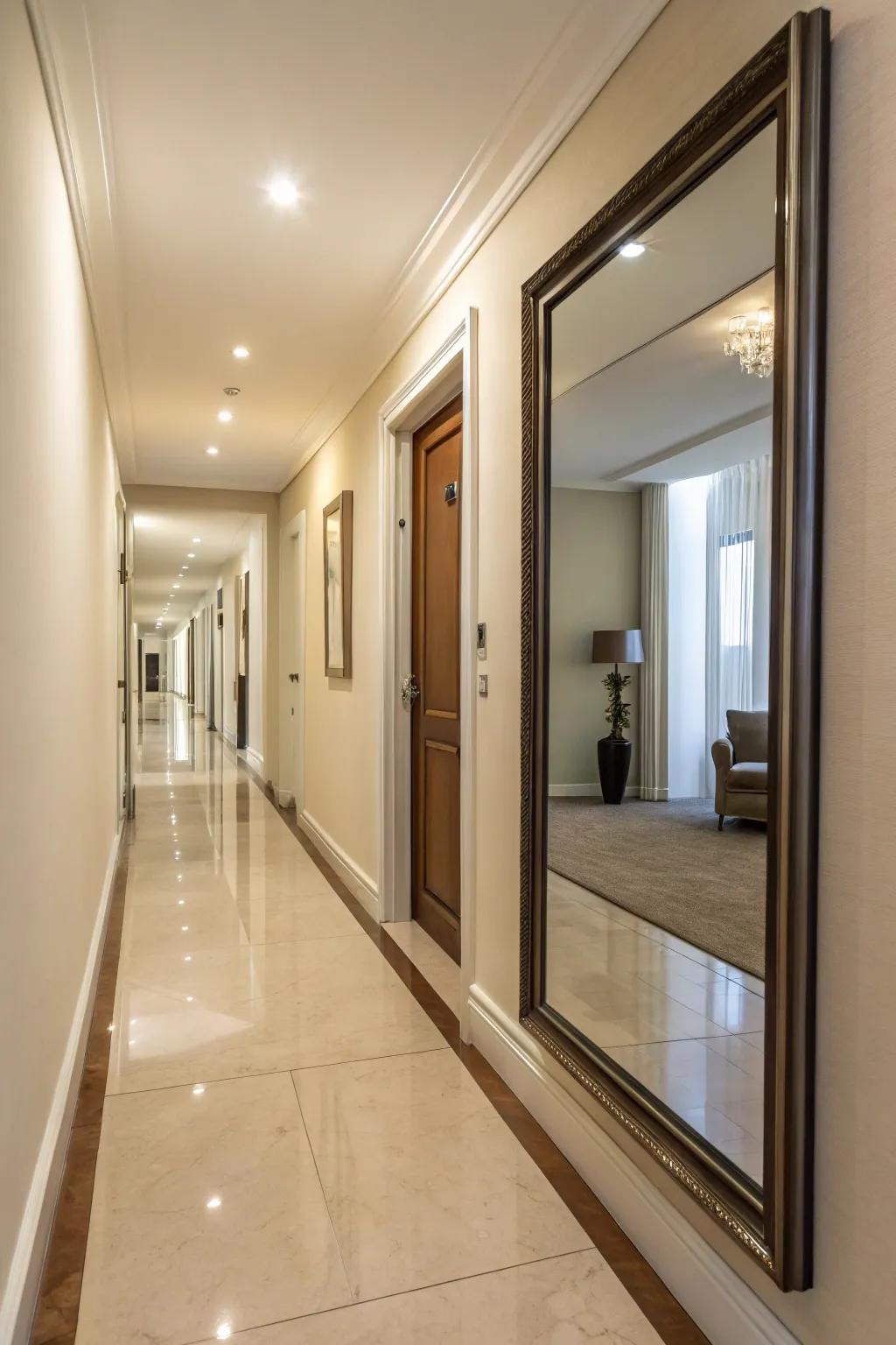 A large mirror visually expands the hallway and enhances light.