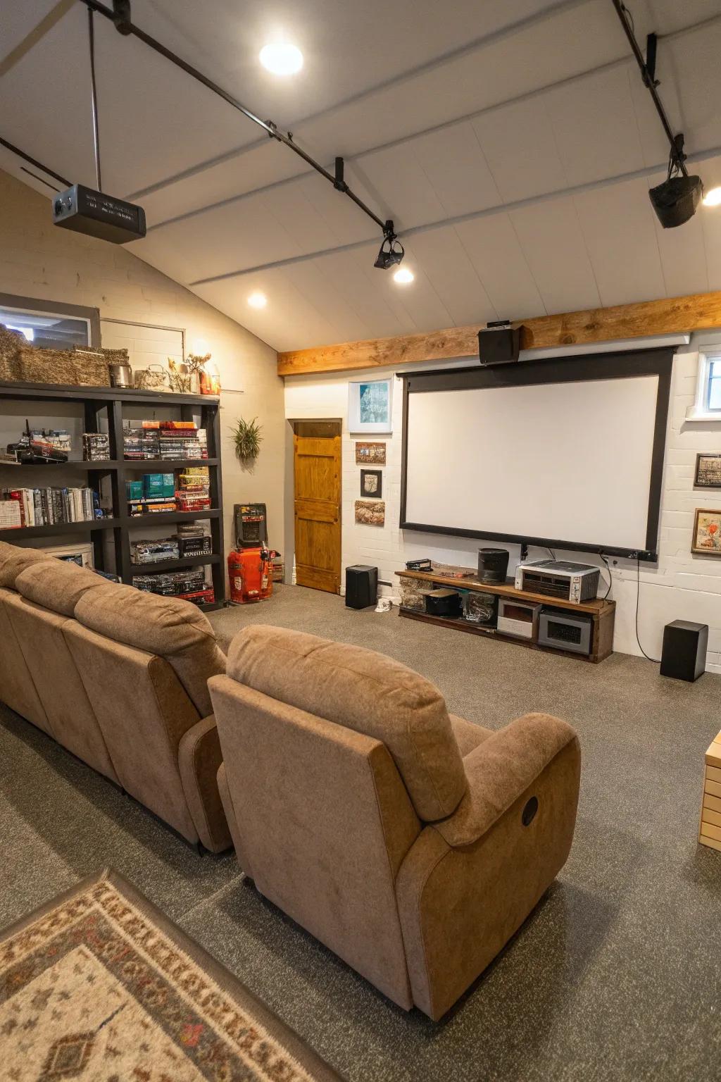 A garage transformed into an entertainment zone, perfect for movie nights.