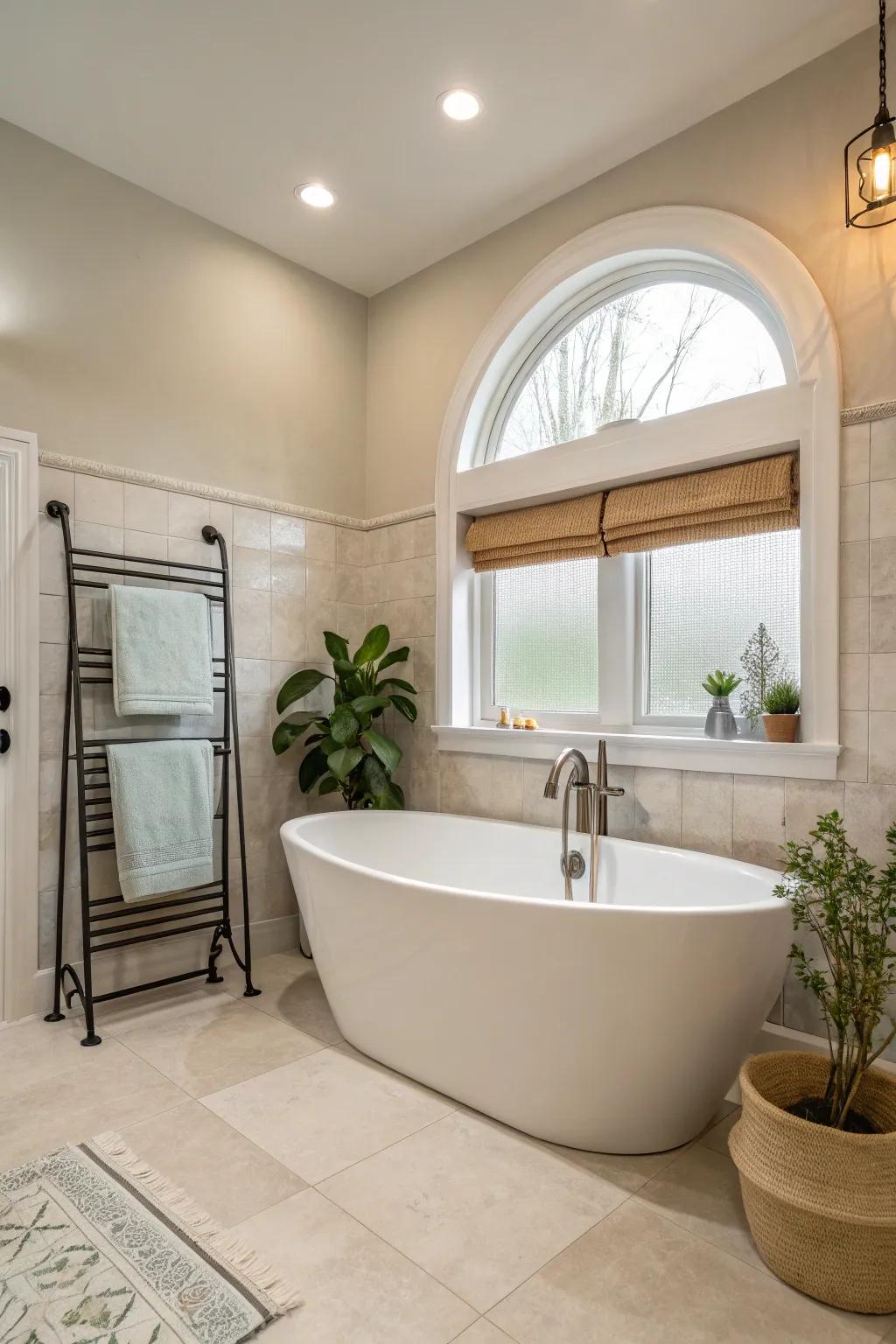 A detached soaking tub serves as a luxurious centerpiece.