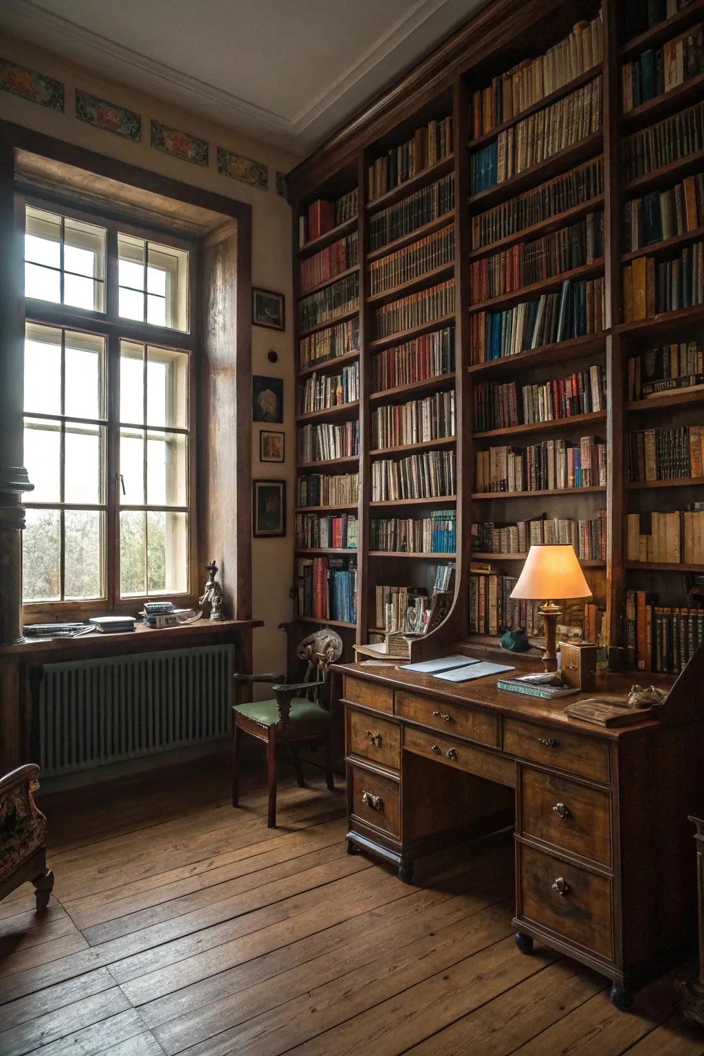 A library-inspired atmosphere with grand bookshelves