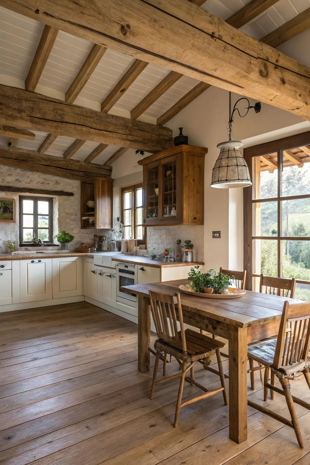 Wooden beams and flooring add warmth to the kitchen space.