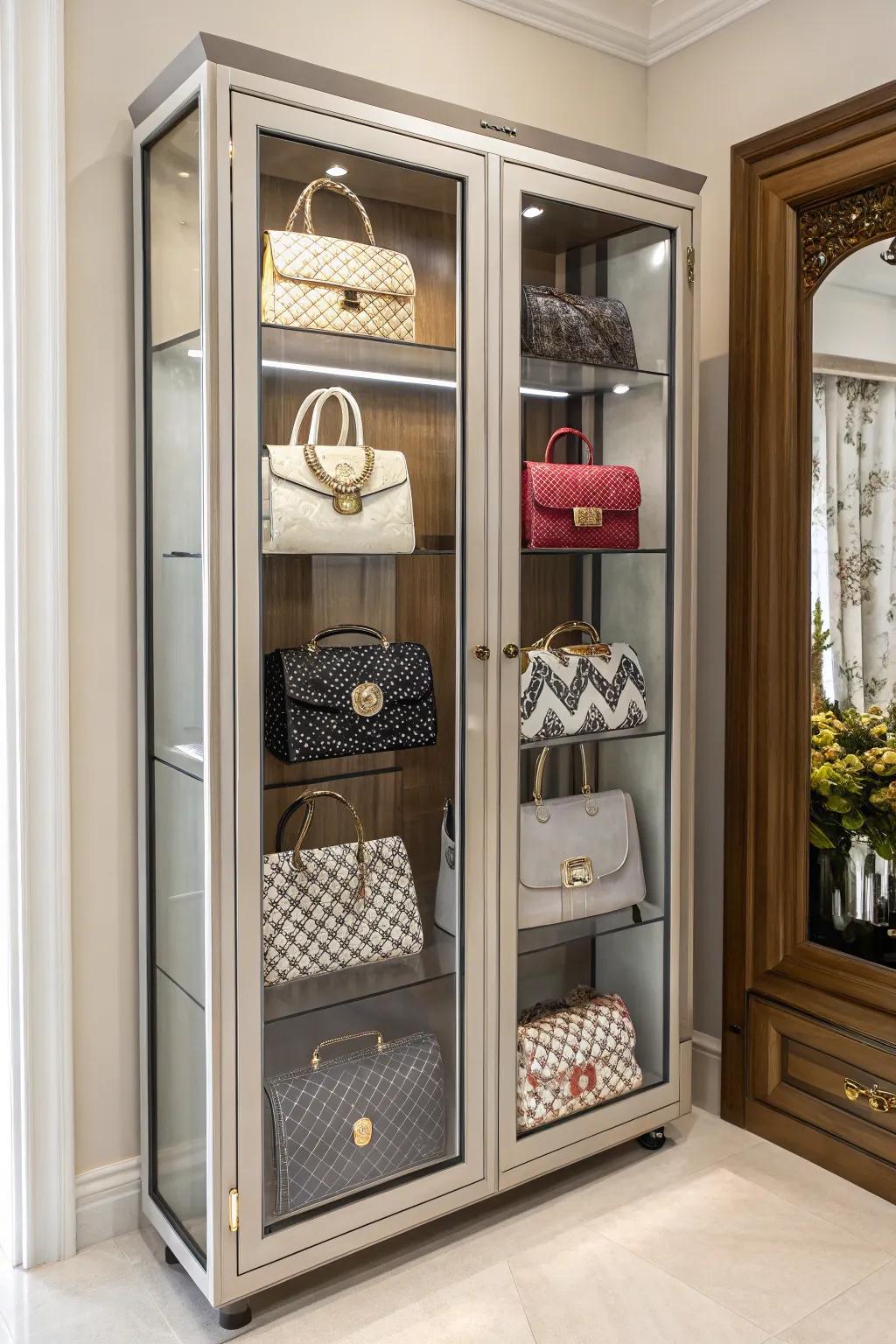 A purse cabinet can enhance your closet's style while safeguarding your bags.