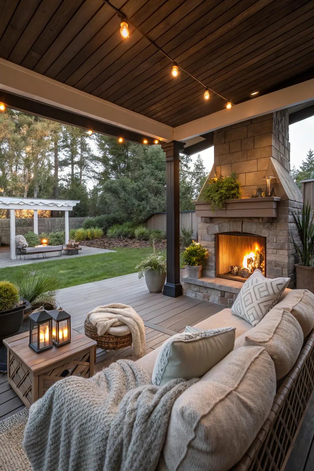 Under a covered patio, stay warm and dry by the fireplace.